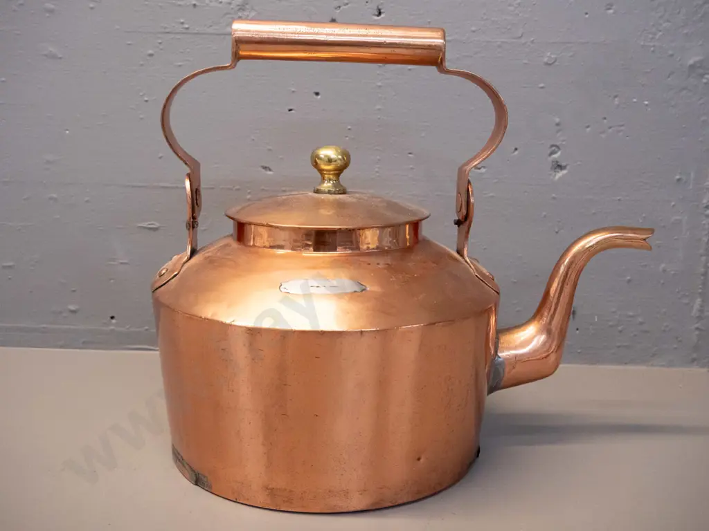 large copper kettle with brass knob H-310 with handle up, L-350, has had repairs Image 1++