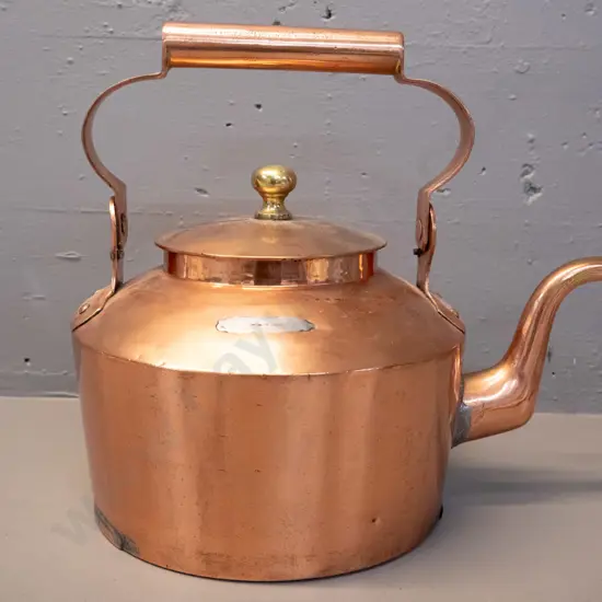 large copper kettle with brass knob H-310 with handle up, L-350, has had repairs