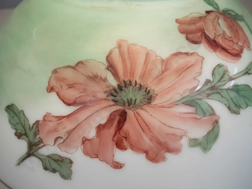 large hand-painted-over-transfer deco milk glass light shade - floral motifs on green, marked 326 inside. H155 D350 Image 1++