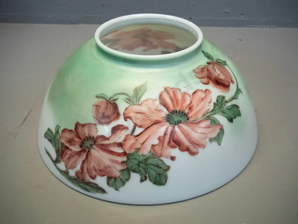 large hand-painted-over-transfer deco milk glass light shade - floral motifs on green, marked 326 inside. H155 D350 Image 1++