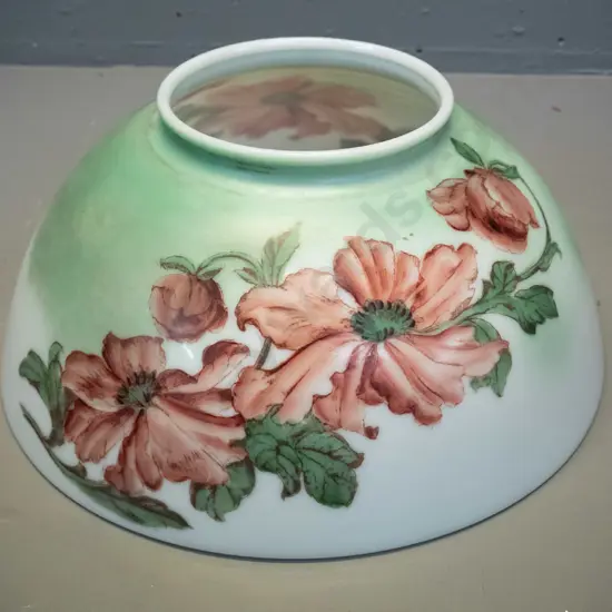 large hand-painted-over-transfer deco milk glass light shade - floral motifs on green, marked 326 inside. H155 D350