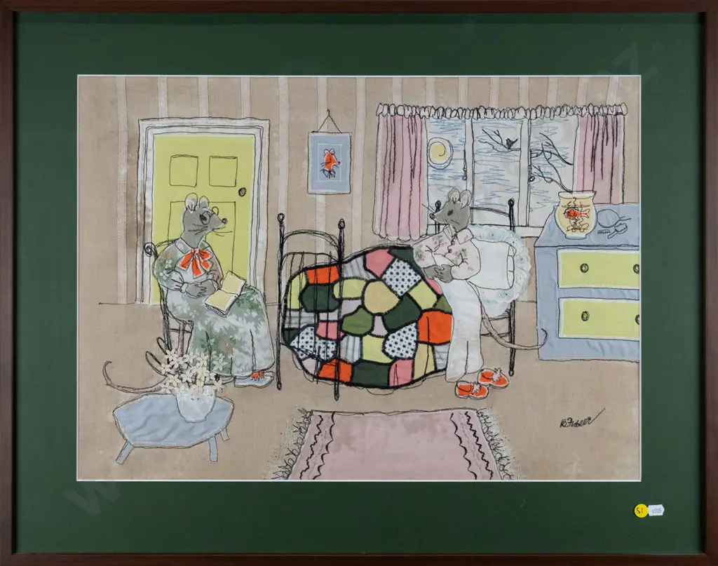 B Fraser - framed needlework - mice and bedtime stories H - 420 W - 580 Image 1++