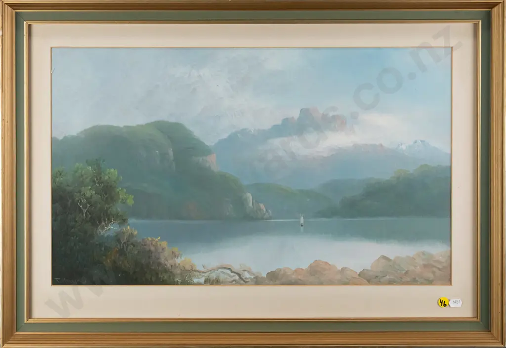 T Morrison framed oil -  lake and mountain scene H-330 W-560 Image 1++