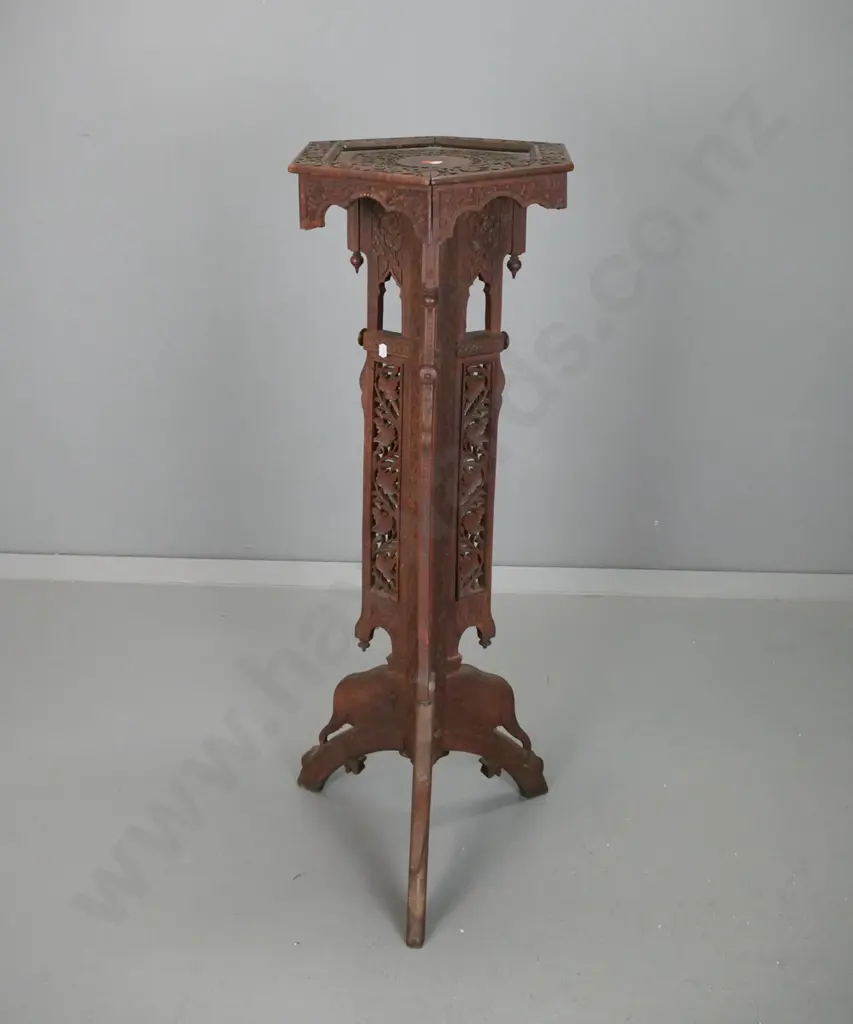vintage profusely carved and pierced asian hardwood plant stand with elephant head legs, Persian arches, foliate designs Image 1++