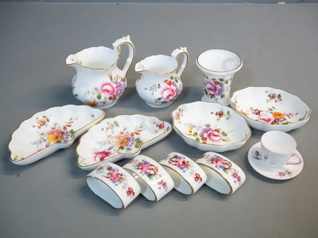 11 pieces of Royal Crown Derby Posies china - tallest jug is H-80 - and a miniature Shelley cup & saucer Image 1++