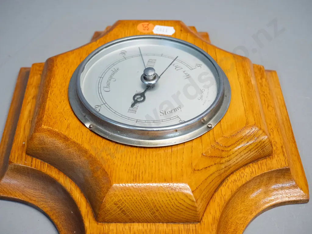 vintage oak-cased Smiths wall barometer - face askew, some dents to metal casing around fasteners H-240 W-240 Image 1++