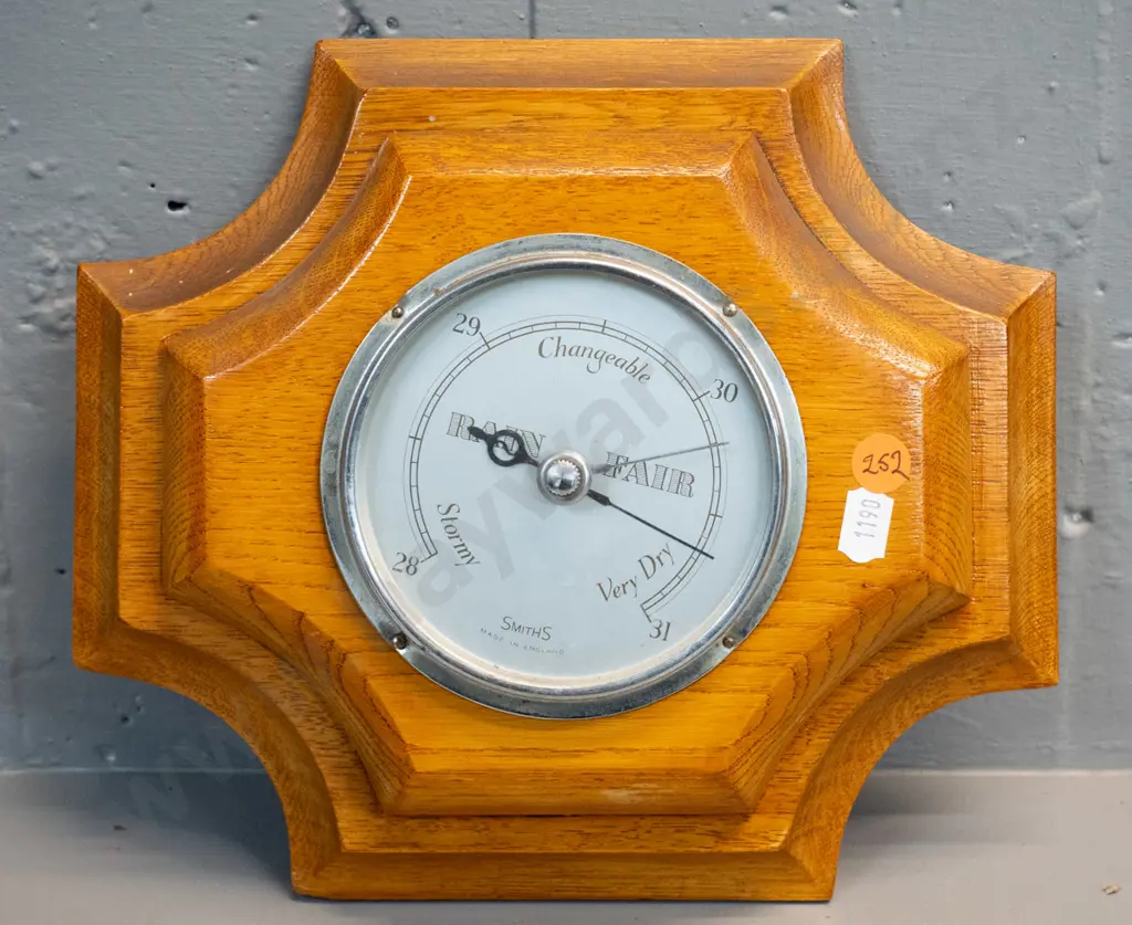 vintage oak-cased Smiths wall barometer - face askew, some dents to metal casing around fasteners H-240 W-240 Image 1++