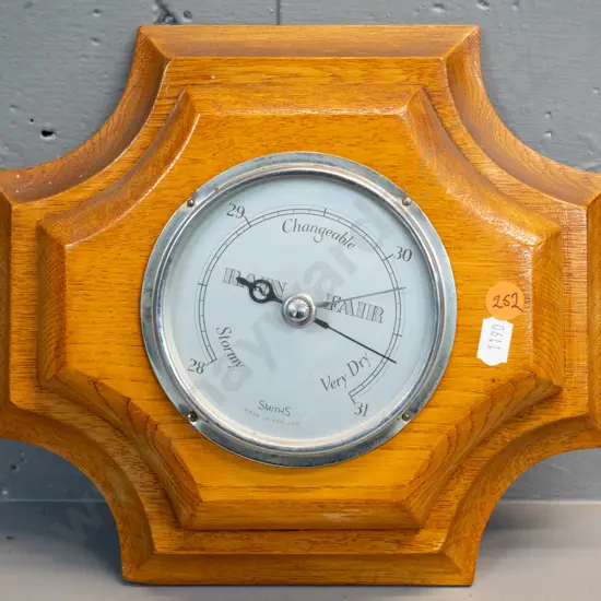 vintage oak-cased Smiths wall barometer - face askew, some dents to metal casing around fasteners H-240 W-240