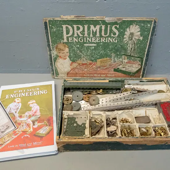 vintage Primus metal and timber construction toy set in original box, with modern reproduction instruction - box damaged