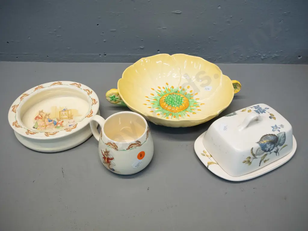 Carlton Ware sunflower bowl D-210, Sylvac covered butter dish (some crazing) Royal Doulton Bunnykins mug & bowl - some Image 1++
