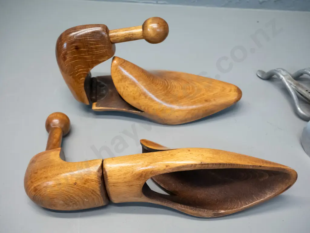 2 pairs vintage shoe lasts - timber (beech?) pair with hinges and embossed 12460 / 43, aluminium pair marked Heyraud Image 1++