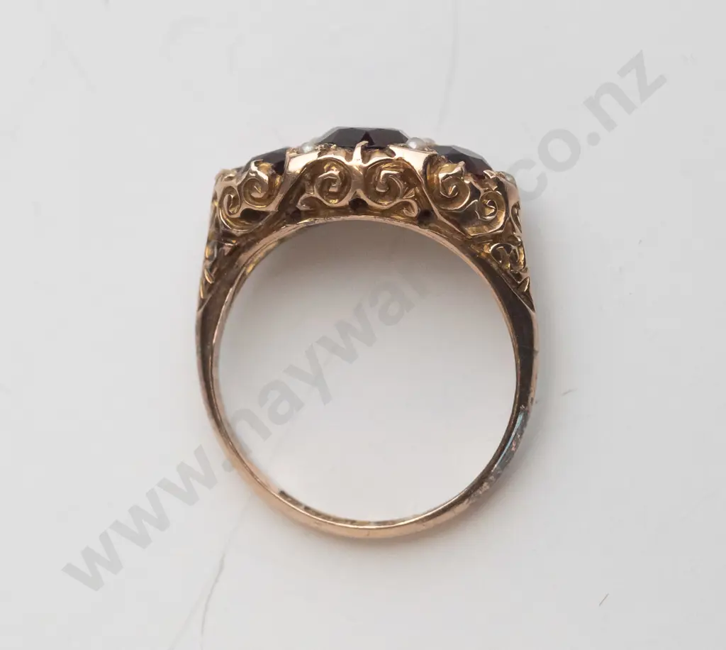 9ct gold English hall marked band 3 garnet & 6 seed pearls 2.6gms [ring has had a band added with hallmarks but lead Image 1++