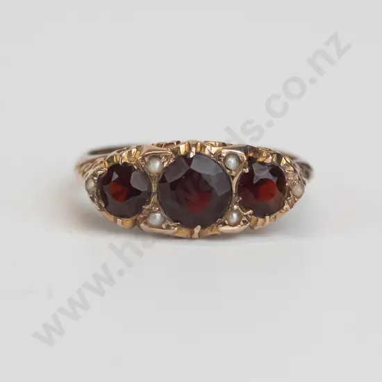 9ct gold English hall marked band 3 garnet & 6 seed pearls 2.6gms [ring has had a band added with hallmarks but lead