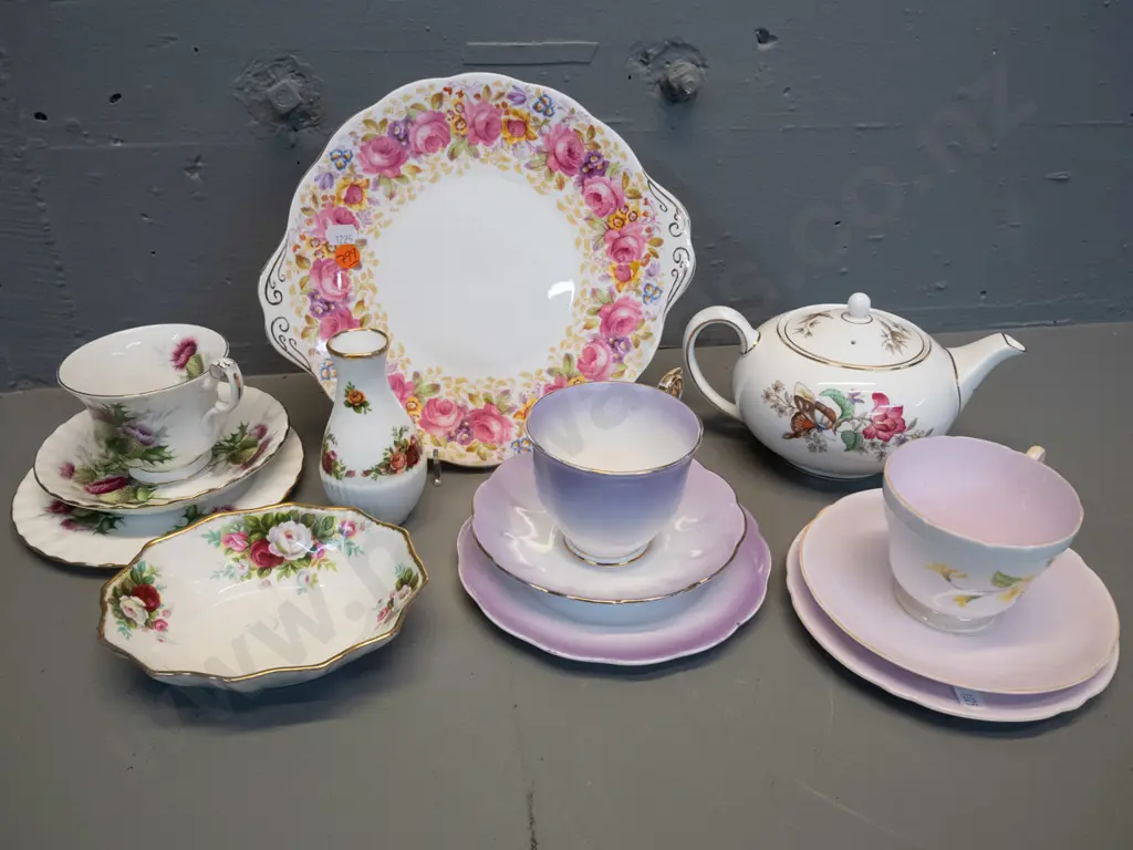 Wedgwood floral teapot, Shelley trio and assorted Royal Albert: cake plate W-255 at handles, 2 trios, dish & vase Image 1++