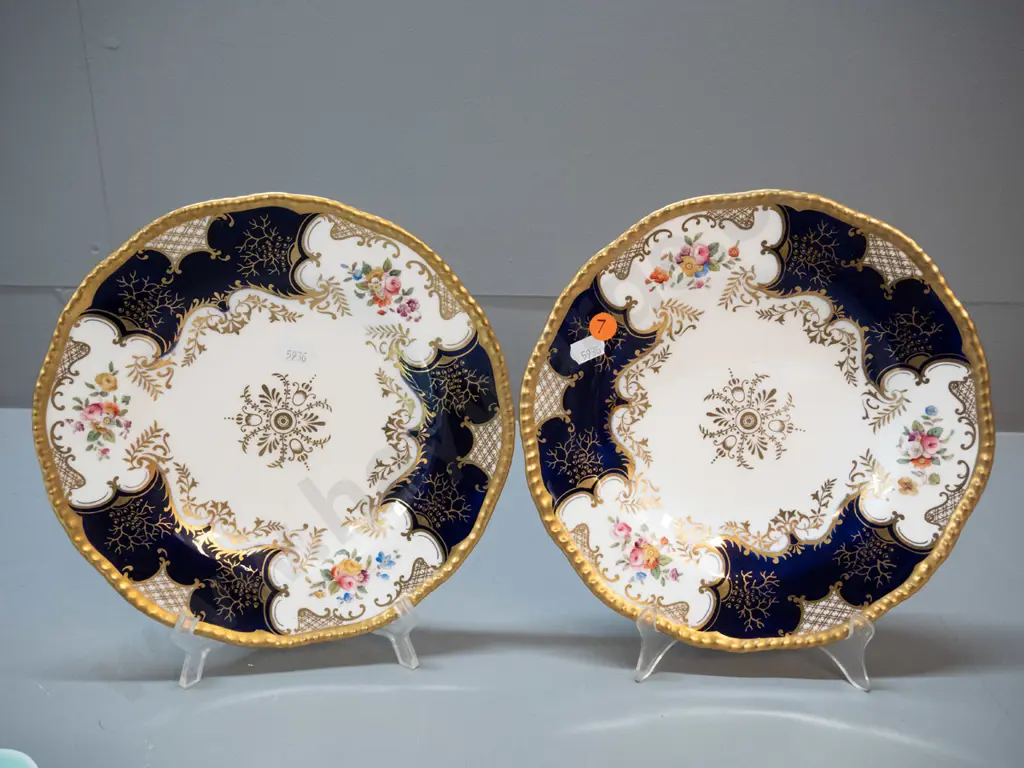 2 Coalport cobalt & gold rimmed floral posie motif plates D-230 - one with crazing Image 1++