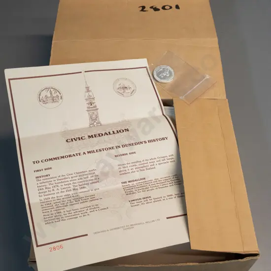 box of 80 silver plated bronze Dunedin Civic Medallions - edition of 3000, produced in 1989 by Brandwell Moller Dunedin,