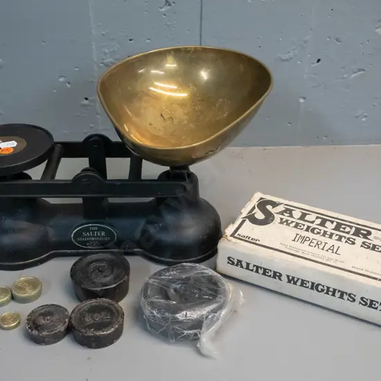 Salter cast metal and brass balance scales with boxed set of weights - scales marked Made in England, weights made in