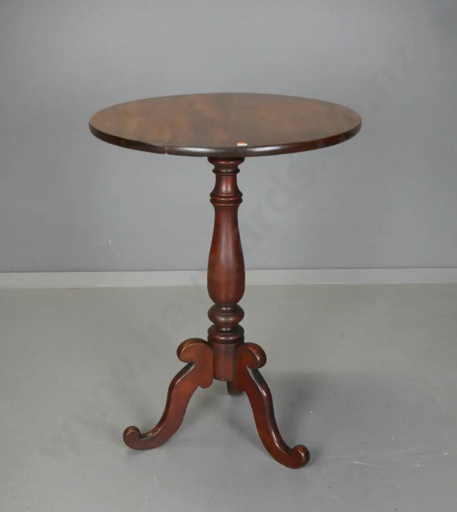 Victorian mahogany pedestal based circular wine table on 3 scrolling legs - wear to top finish, top join has been Image 1++
