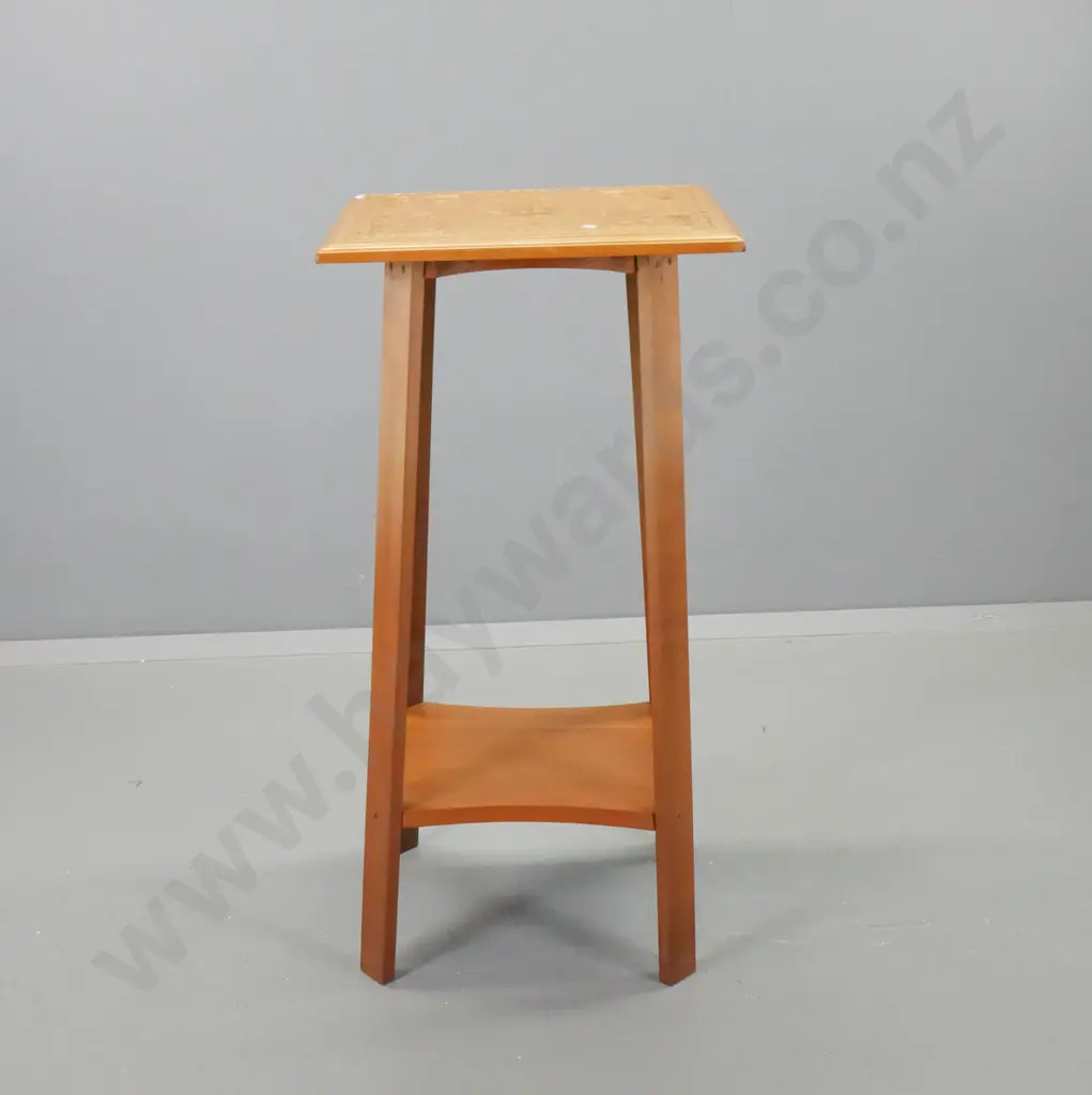 plant stand made from vintage geometric chip carved kauri top, beech legs, rimu bottom shelf - a little wobbly H990 Image 1++