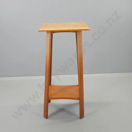 plant stand made from vintage geometric chip carved kauri top, beech legs, rimu bottom shelf - a little wobbly H990
