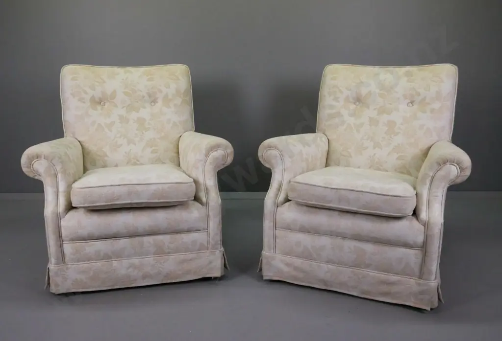 pair of vintage rolled arm upholstered fireside chairs with removable seat cushion, button back, ivory floral patterned Image 1++