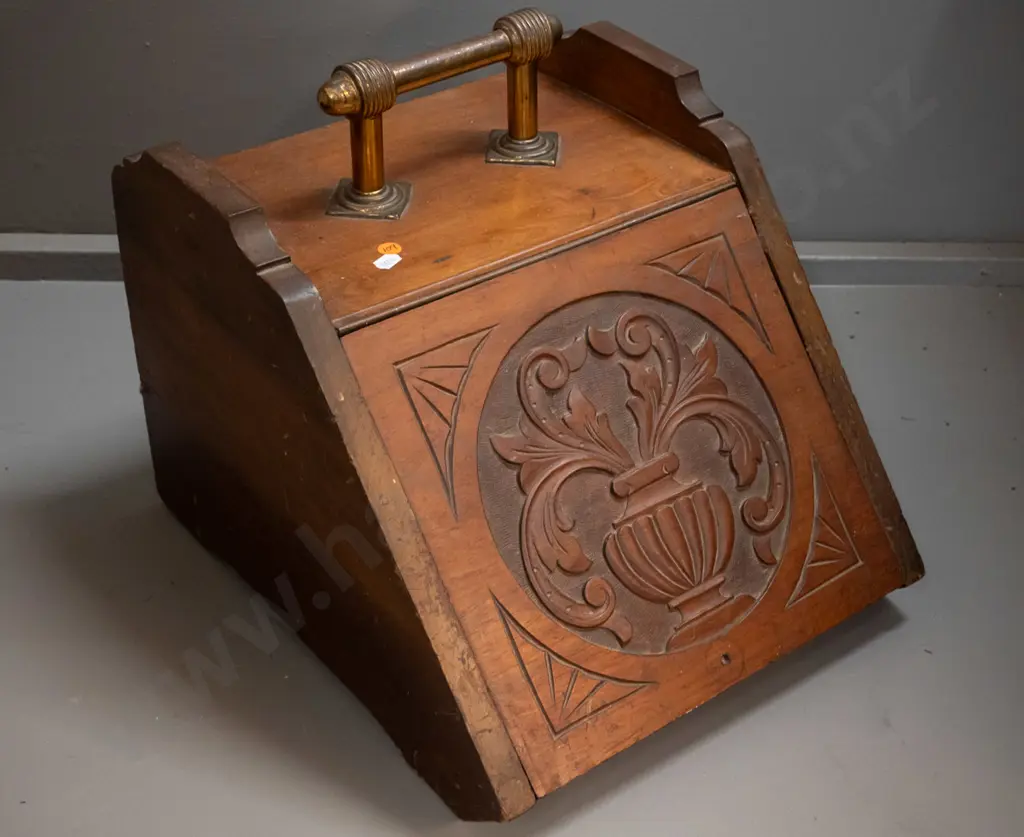 carved timber coal scuttle with brass handle, has tin liner H-360 W-350 D-400 Image 1++