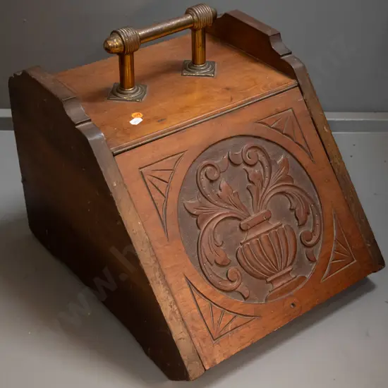 carved timber coal scuttle with brass handle, has tin liner H-360 W-350 D-400