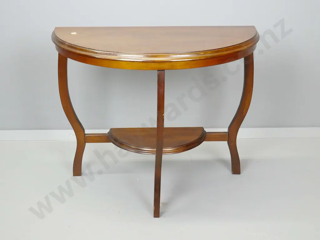 art deco mixed timber half-round occasional table w/3 shaped legs, bottom shelf. Some scratches to top H-610 W-750 D-370 Image 1++