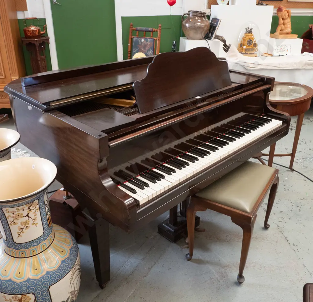 B. Squire 4 ft. baby grand piano on casters, in good condition, some wear to varnish on top, needs tuning Image 1++