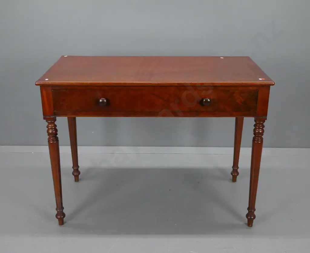 Victorian figured mahogany side table on ring-turned legs, single frieze drawer with wooden knobs H-780 W-1060 D-545 Image 1++