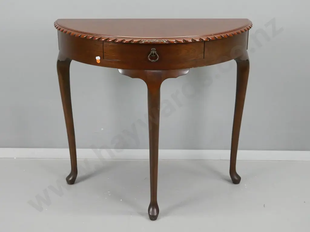 vintage mahogany side table w/rope-carved edge on 3 cab legs, drawer w/ drop handle - some scratches and wear on top Image 1++