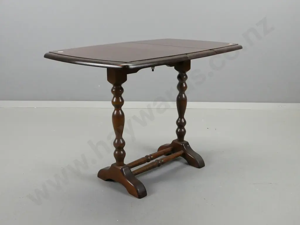 vintage small mahogany swivel top drop side occasional table on turned legs, turned stretcher base - minor staining to Image 1++