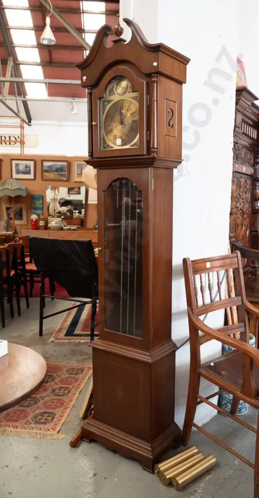 reproduction German long cased clock with glazed top door, metal face w/ Tempus Fugit, cross-banded panel w/oval shell Image 1++