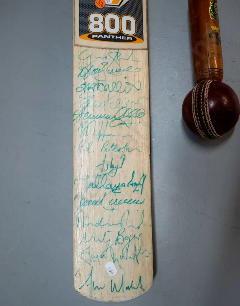 2 cricket items - signed NZ versus SA Carisbrook 2004 cricket bat and a timber handled cricket ball mallet marked Stamp Image 1++