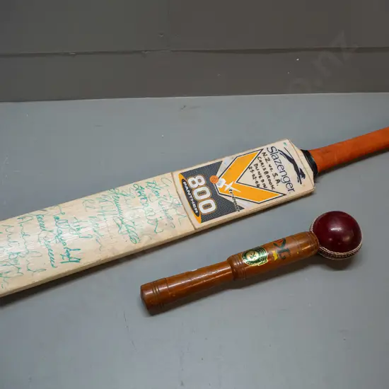 2 cricket items - signed NZ versus SA Carisbrook 2004 cricket bat and a timber handled cricket ball mallet marked Stamp