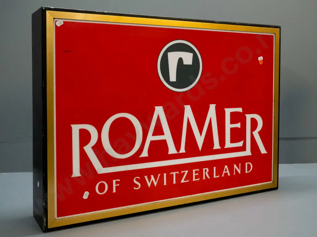 retro Roamer of Switzerland illuminated shop display sign in steel case with gold metal frame - some marks and wear, Image 1++