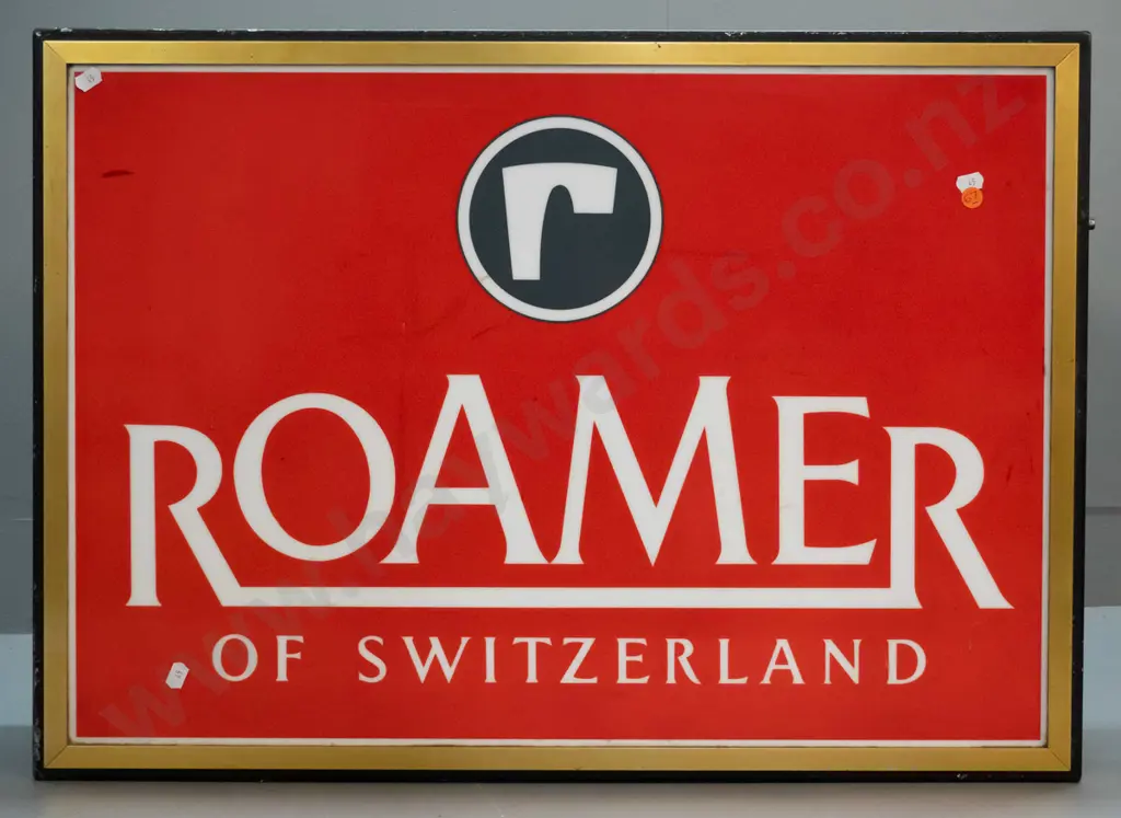 retro Roamer of Switzerland illuminated shop display sign in steel case with gold metal frame - some marks and wear, Image 1++