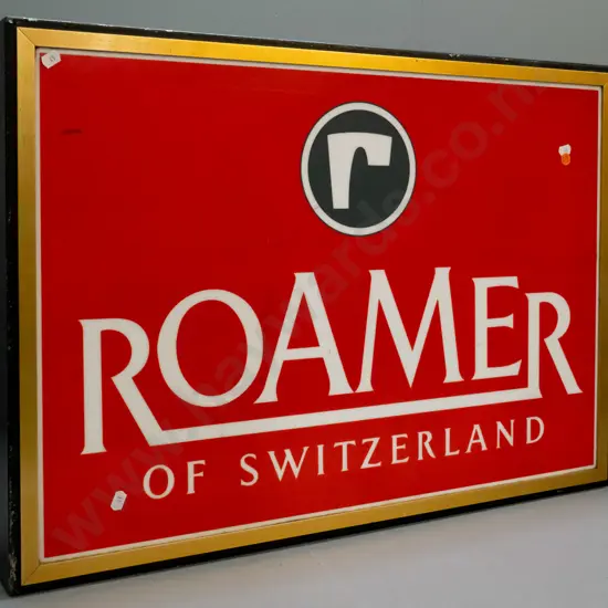 retro Roamer of Switzerland illuminated shop display sign in steel case with gold metal frame - some marks and wear,