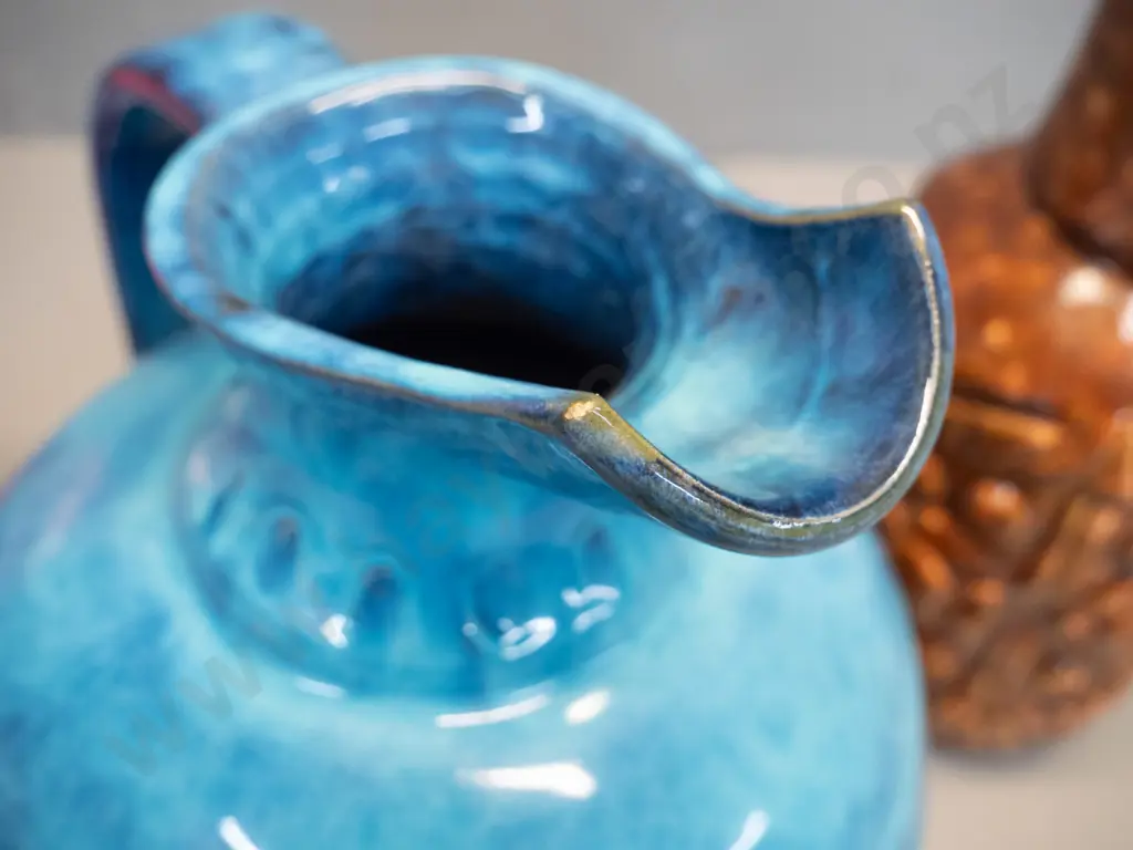 German pottery vases - mottled brown H-310, ribbed orange and black, blue urn vase Image 1++
