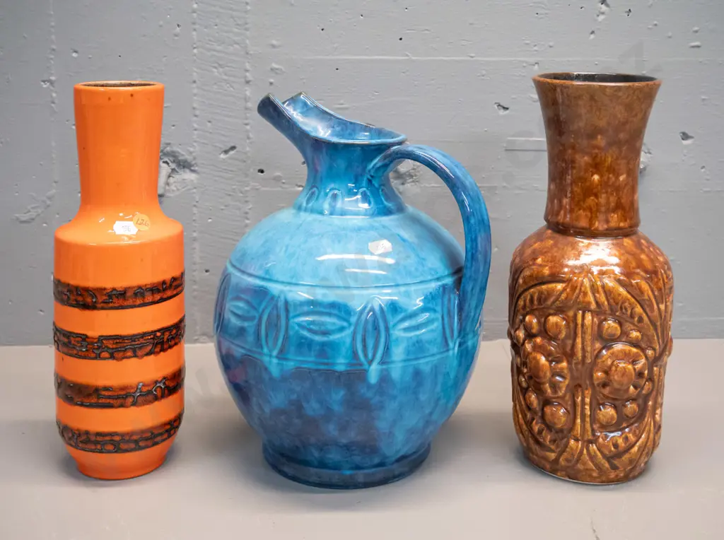German pottery vases - mottled brown H-310, ribbed orange and black, blue urn vase Image 1++