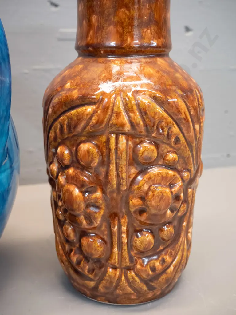 German pottery vases - mottled brown H-310, ribbed orange and black, blue urn vase Image 1++