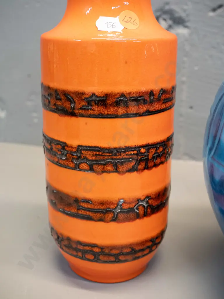 German pottery vases - mottled brown H-310, ribbed orange and black, blue urn vase Image 1++