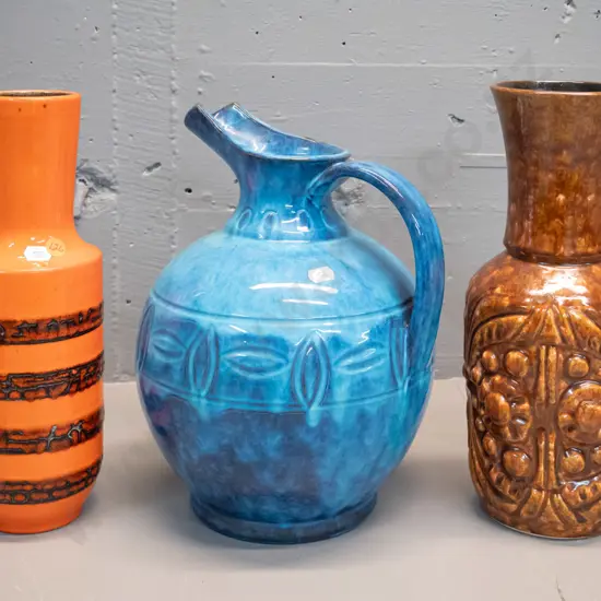 German pottery vases - mottled brown H-310, ribbed orange and black, blue urn vase