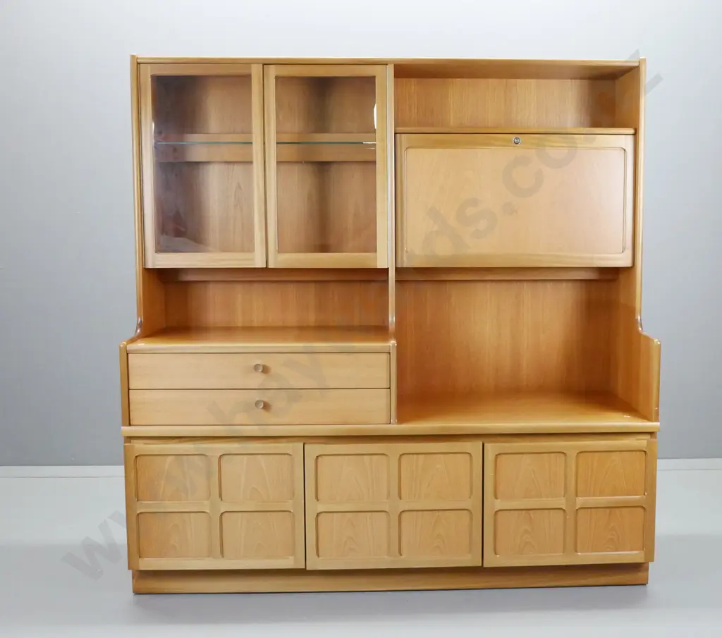 mid-century Parker Knoll teak tall sideboard / cabinet with 2 glazed and 3 solid cupboard doors, fall-front cocktail Image 1++