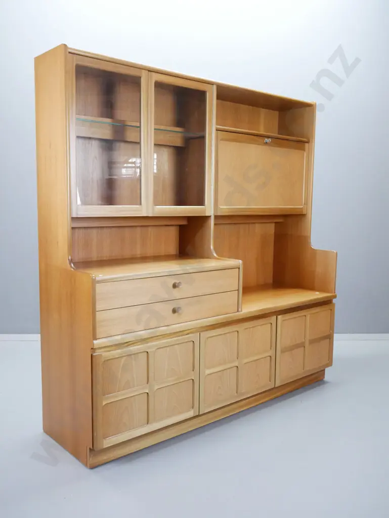 mid-century Parker Knoll teak tall sideboard / cabinet with 2 glazed and 3 solid cupboard doors, fall-front cocktail Image 1++