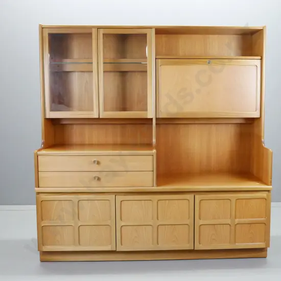 mid-century Parker Knoll teak tall sideboard / cabinet with 2 glazed and 3 solid cupboard doors, fall-front cocktail