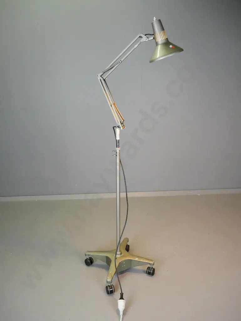 Superluxe anglepoise work lamp on height-adjustable industrial stand with 4-point base on black plastic casters - some Image 1++