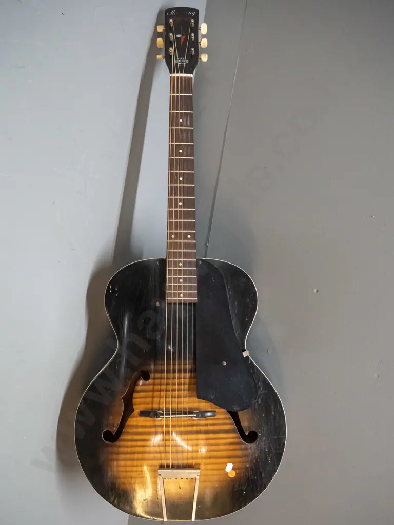 retro Harmony "Monterrey" archtop acoustic guitar - corrosion to metal tailpiece, crazing and scratches to finish, pick Image 1++