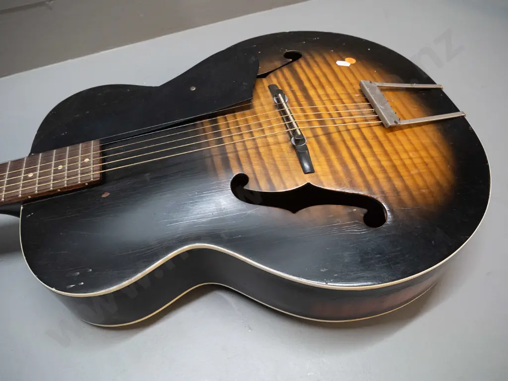 retro Harmony "Monterrey" archtop acoustic guitar - corrosion to metal tailpiece, crazing and scratches to finish, pick Image 1++