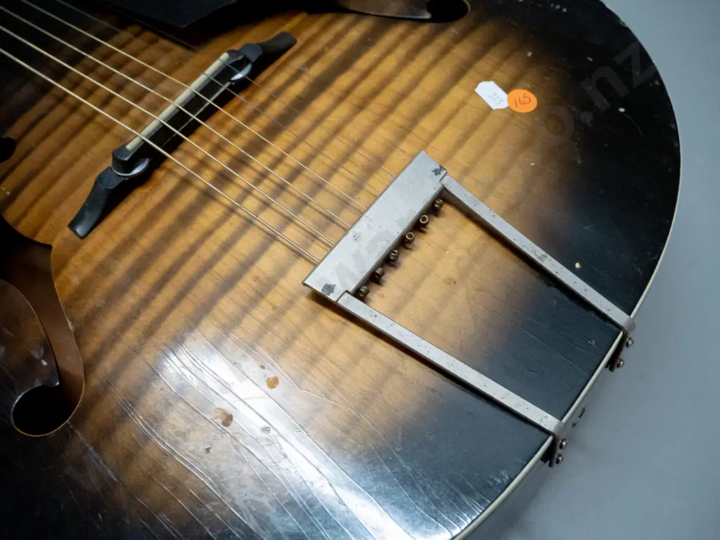 retro Harmony "Monterrey" archtop acoustic guitar - corrosion to metal tailpiece, crazing and scratches to finish, pick Image 1++